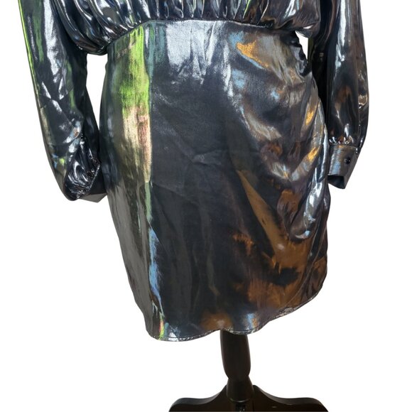 Zara Metallic Silver Long Sleeve Mock Neck Open Back Mini Dress Medium - Picture 9 of 9